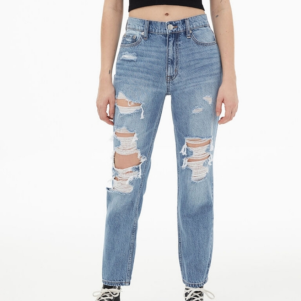 NWT Aeropostale Premium Denim High Waist Mom Jeans Distressed Holes Frayed 10